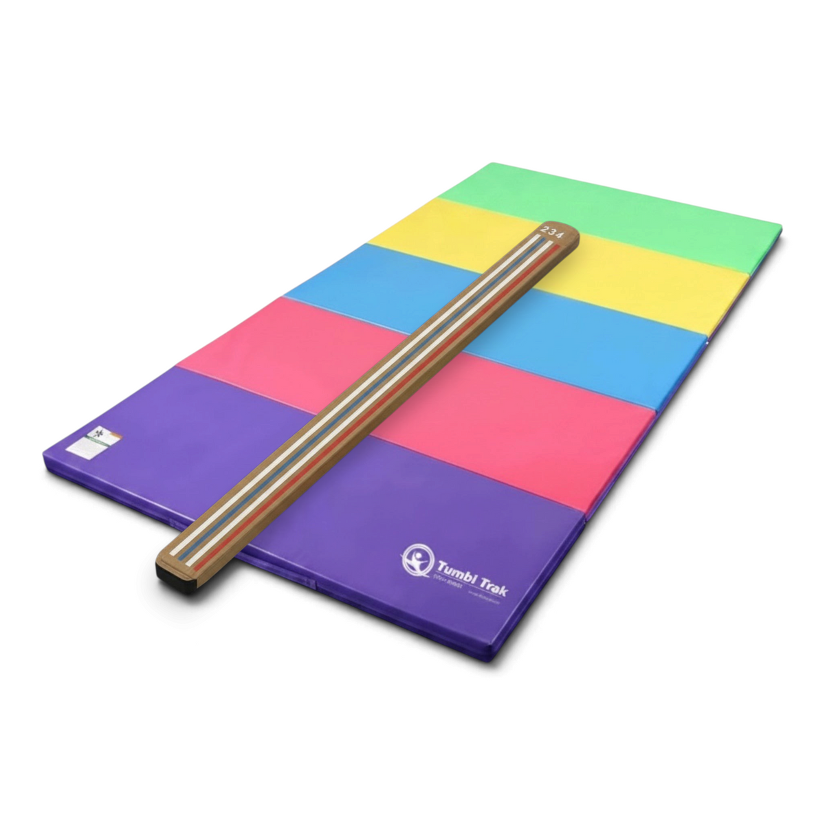 UK Gym Pits laser balance beam with numbered markings placed on a multi-coloured folding gymnastics tumbling mat.