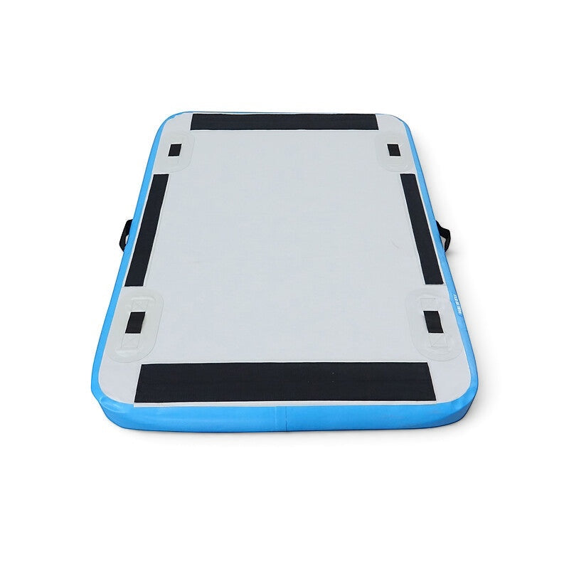UK Gym Pits Launch Pad inflatable gymnastics training mat in blue and grey with Velcro strips for carpet attachment