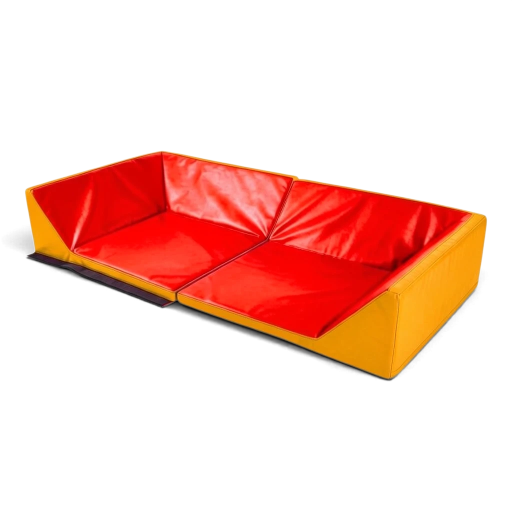 UK Gym Pits Lay-About Snug Mat with red interior and yellow exterior, featuring Velcro connectors for soft play.