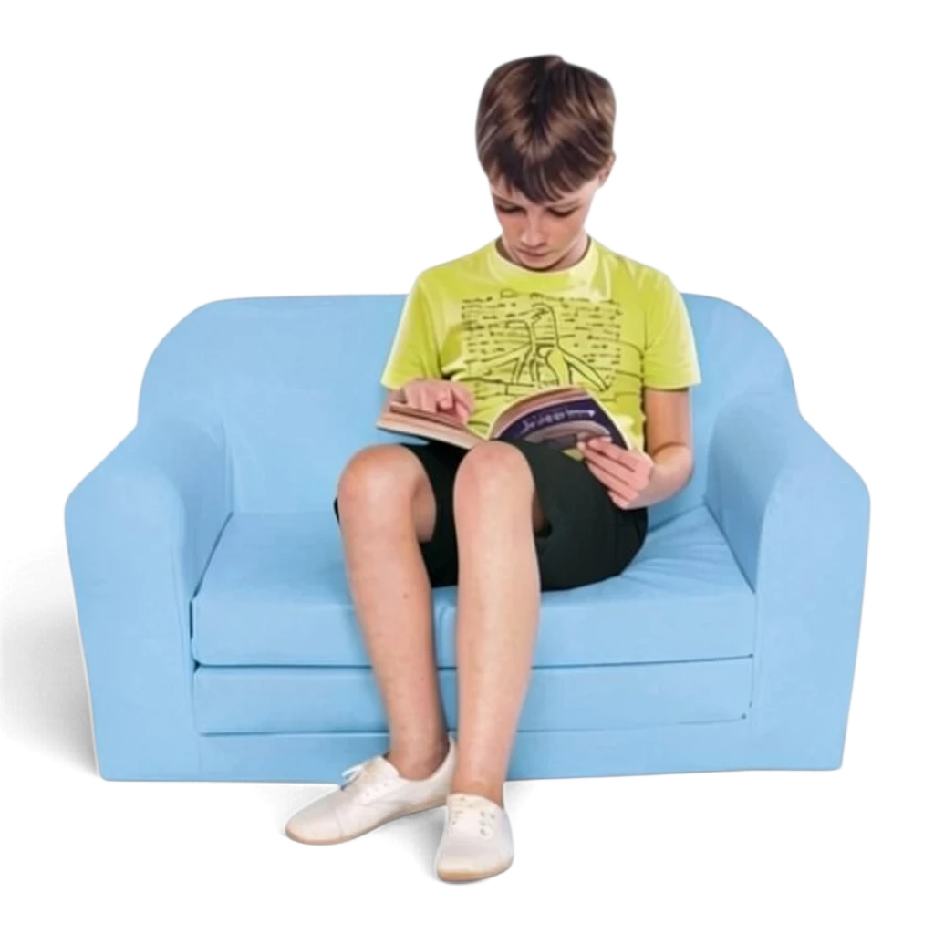 UK Gym Pits light blue vinyl soft play sofa bed with a child sitting and reading on it