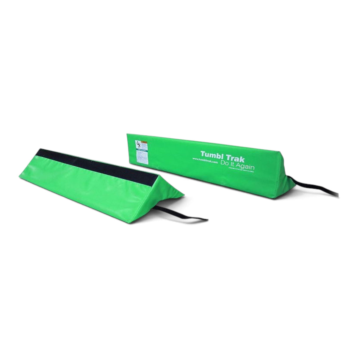 UK Gym Pits lime green triangular foam cradles for stabilising air barrels in gymnastics training