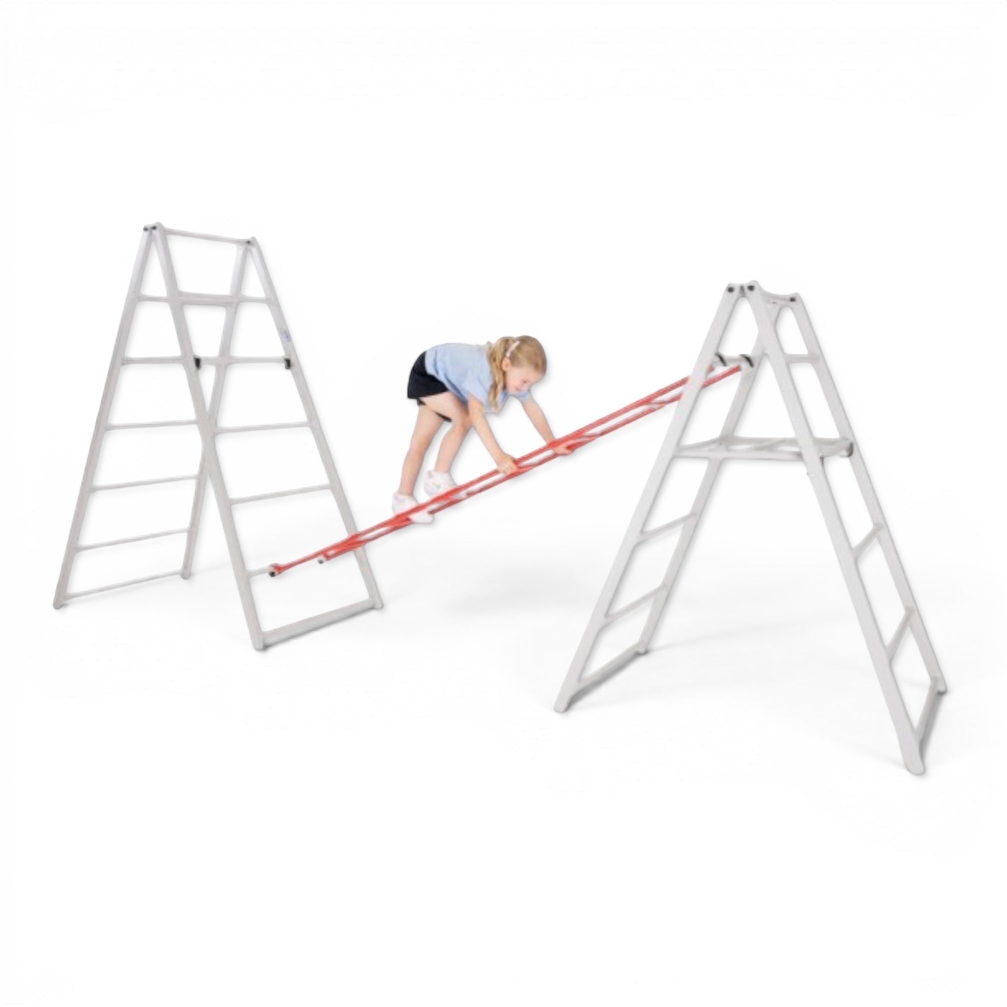 UK Gym Pits Lita Agility Trestles with a child climbing on a red linking bridge in a gymnastic agility station setup.