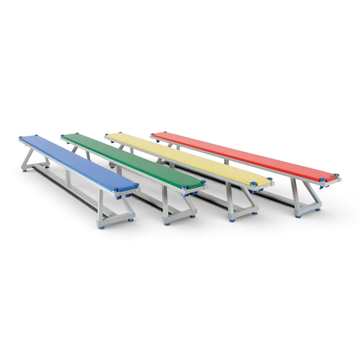 UK Gym Pits Lita aluminum balance benches in red, yellow, green, and blue with padded tops and silver frames.
