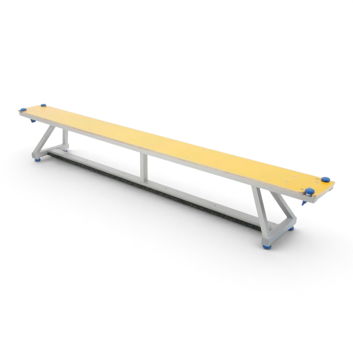 UK Gym Pits Lita balance bench with silver aluminum frame and yellow timber top, featuring anti-slip rubber feet.