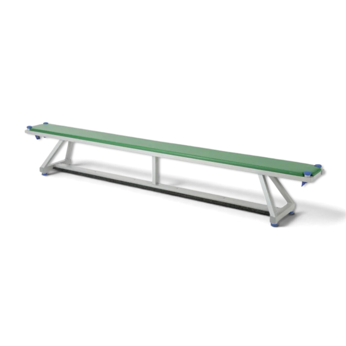 UK Gym Pits Lita balance bench with a green padded top and silver powder-coated aluminum frame for school gym use.