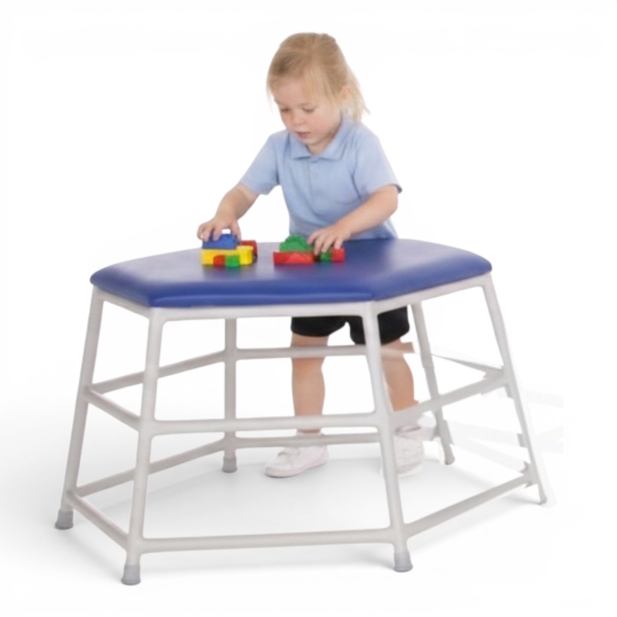 UK Gym Pits Lita hexagonal movement table with blue padded top and silver frame, connected to a red agility ladder.