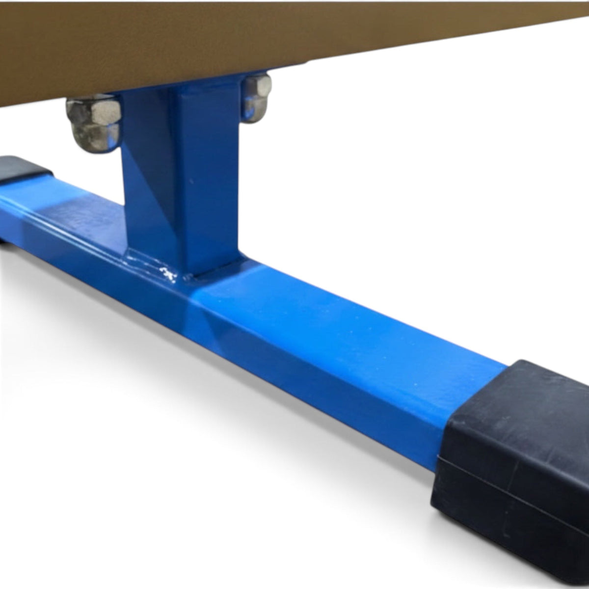 UK Gym Pits low training gymnastics beam featuring a blue steel leg base with black rubber anti-slip feet