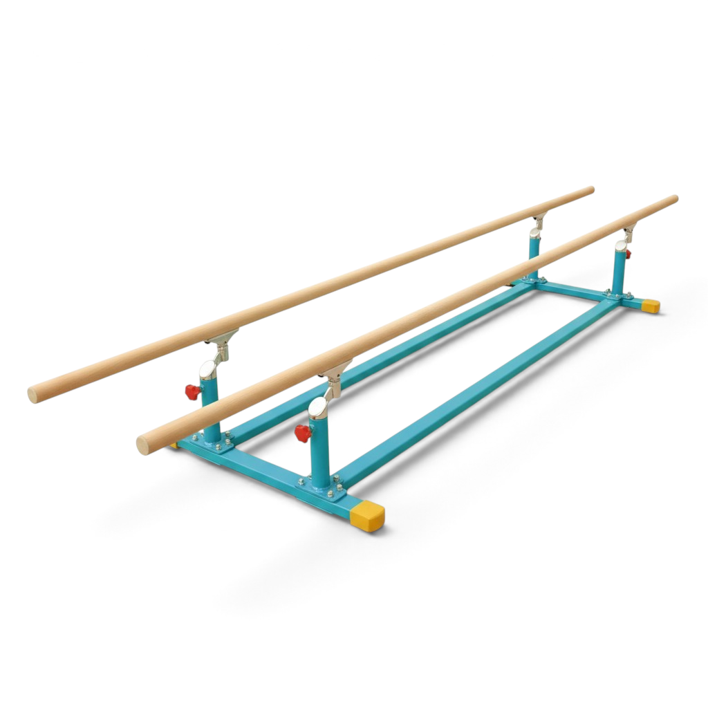 UK Gym Pits low parallel bars with blue steel frame and wooden bars for gymnastics training