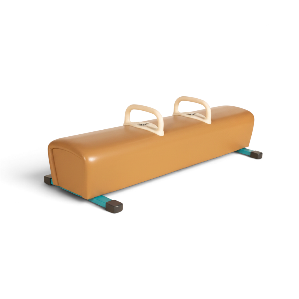 UK Gym Pits Gaofei low training pommel horse with tan leatherette body and removable handles on a steel frame