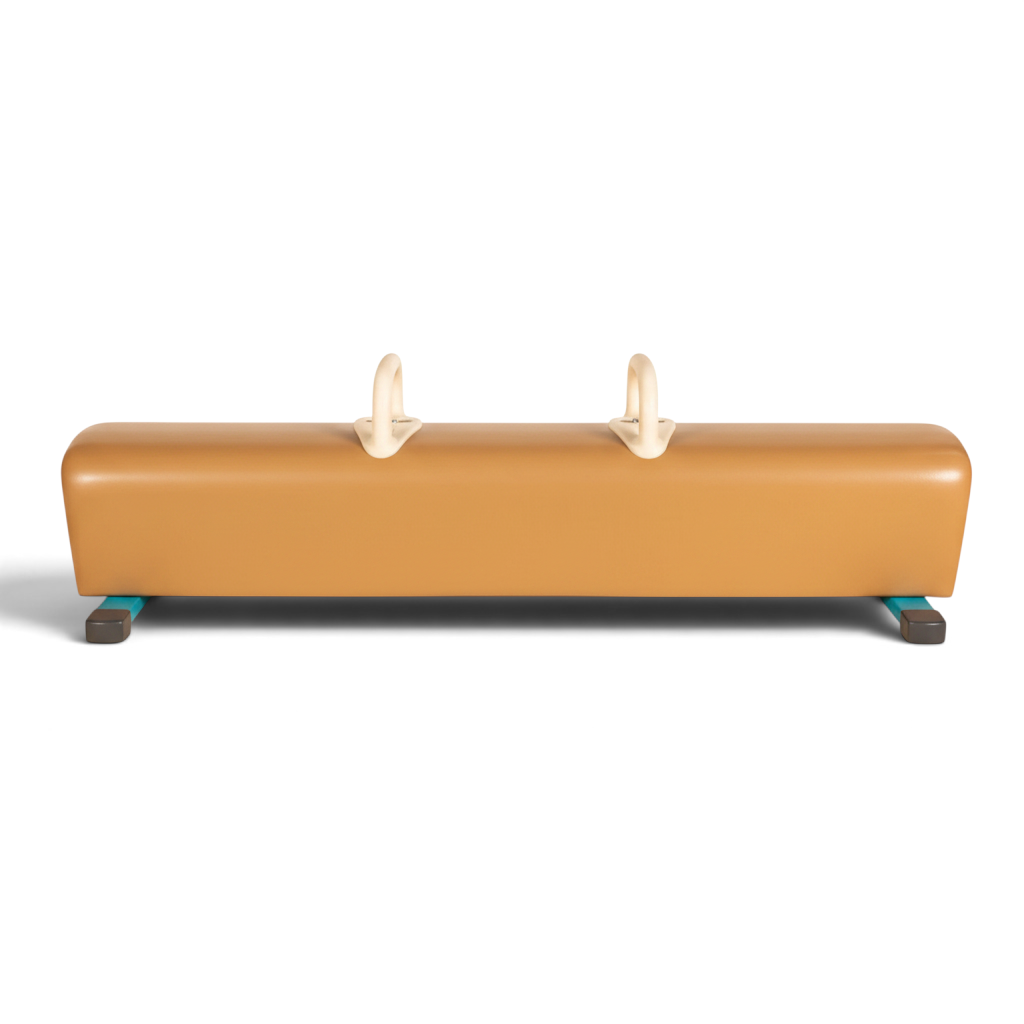 UK Gym Pits low pommel horse with tan leatherette body, removable handles, and reinforced steel base for training.