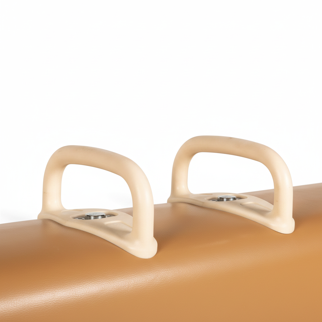 UK Gym Pits Gaofei low pommel horse with tan leatherette body and two adjustable vinyl-covered steel pommels