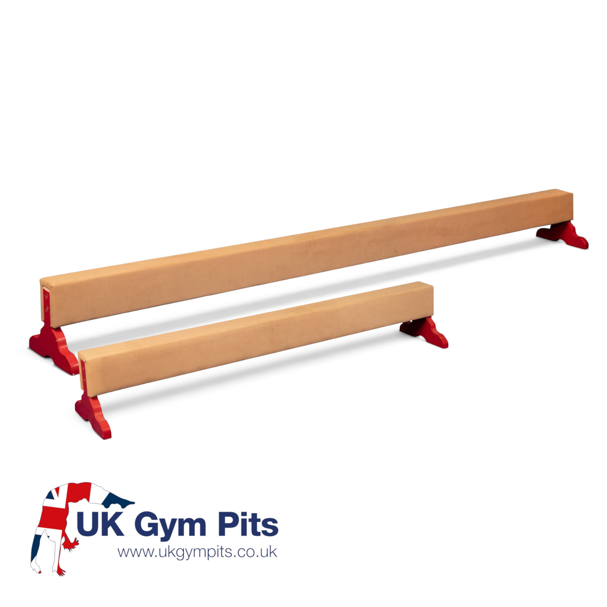 UK Gym Pits low training balance beams in tan with red timber legs, available in 1.83m and 3.05m lengths.
