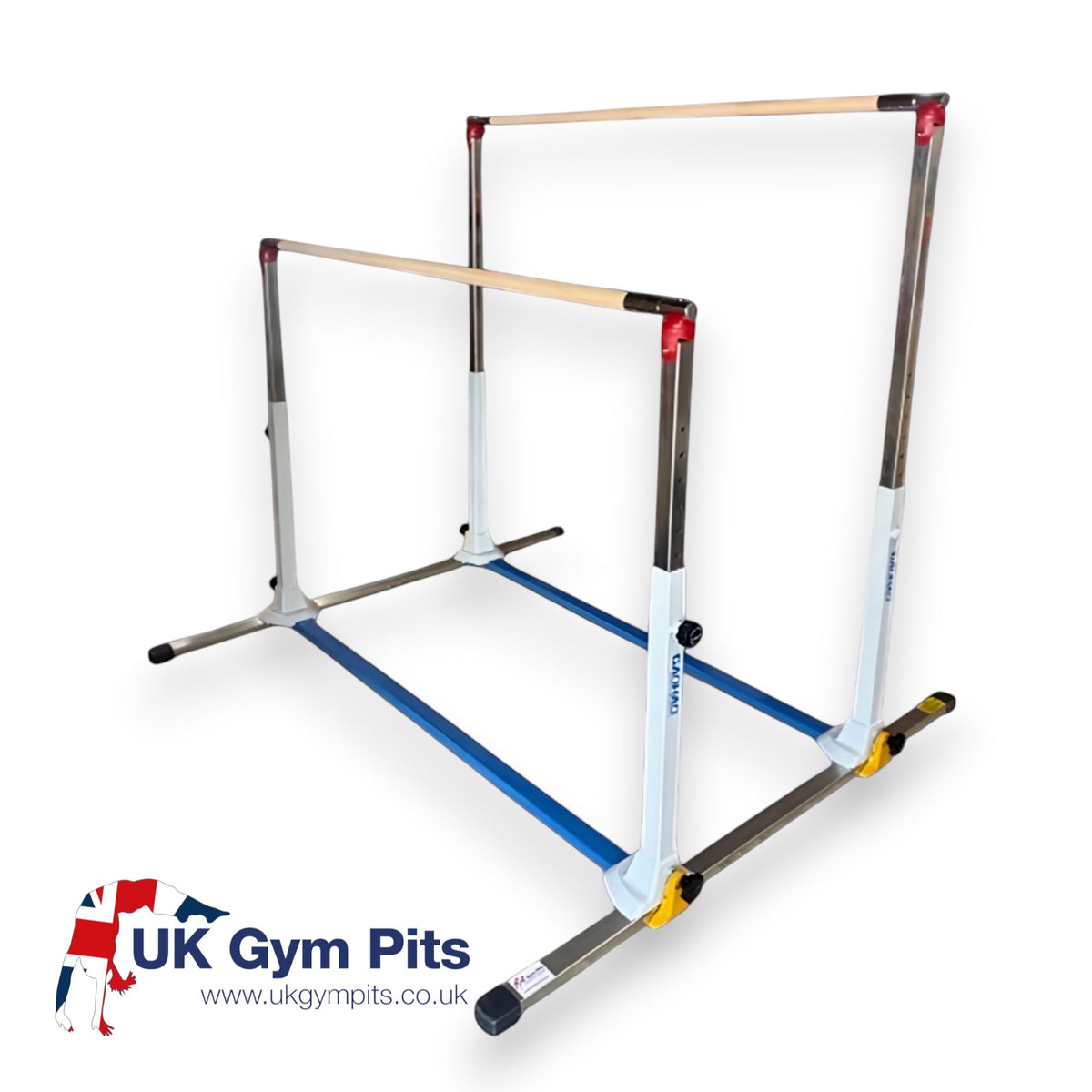 UK Gym Pits mini asymmetric gymnastics bars with wooden rails and adjustable steel frame for home or club training.