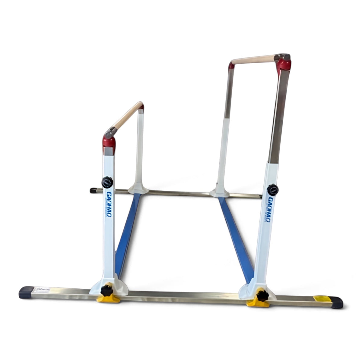 UK Gym Pits Gaofei mini asymmetric gymnastics bars with adjustable wooden rails and reinforced steel frame.