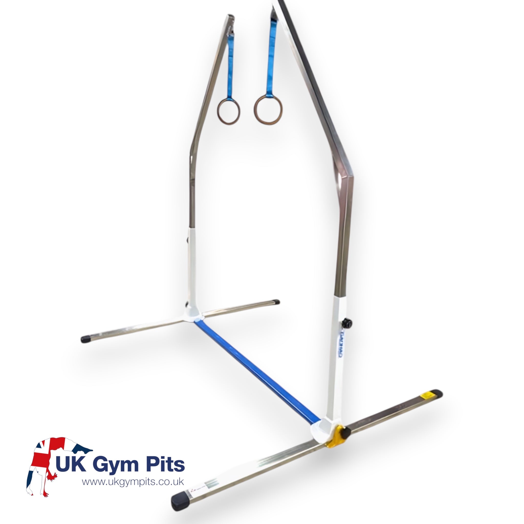 UK Gym Pits mini ring frame for children with adjustable height, reinforced steel construction, and hanging rings.