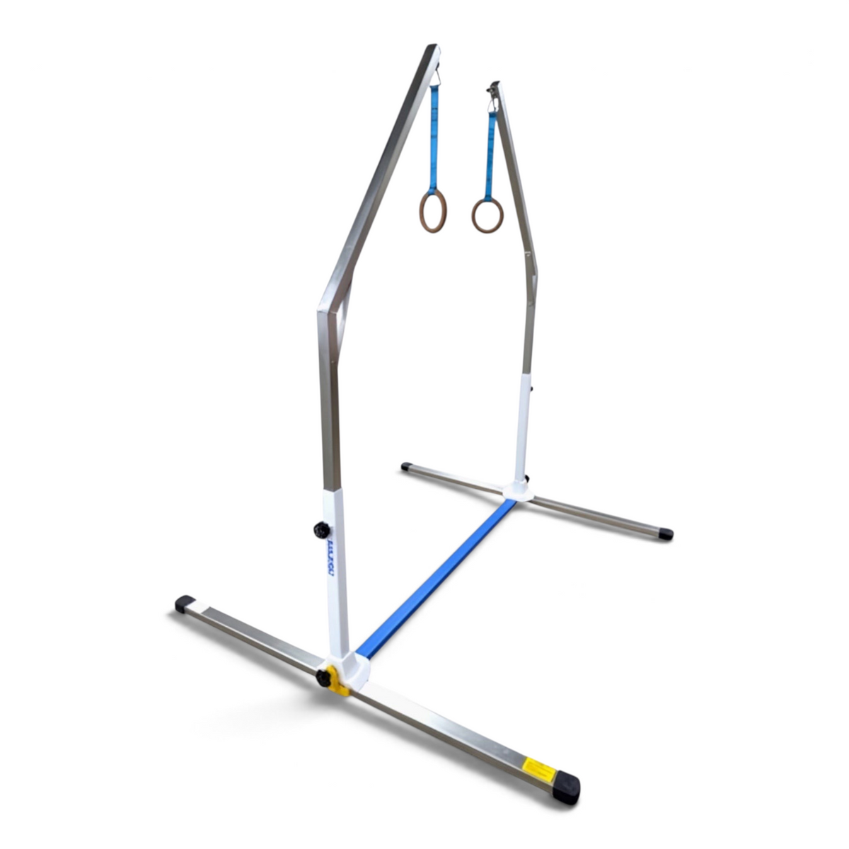 UK Gym Pits Gaofei mini ring frame for children with adjustable height, steel construction, and blue straps.