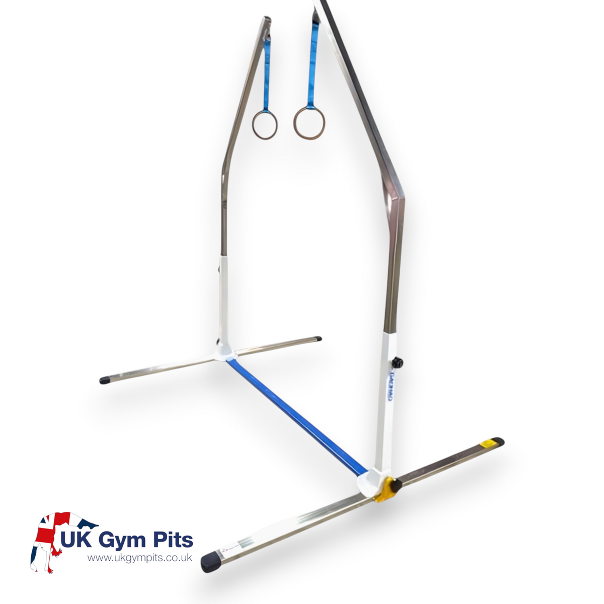 UK Gym Pits mini ring frame for children with adjustable height, blue and white steel construction, and sturdy base.