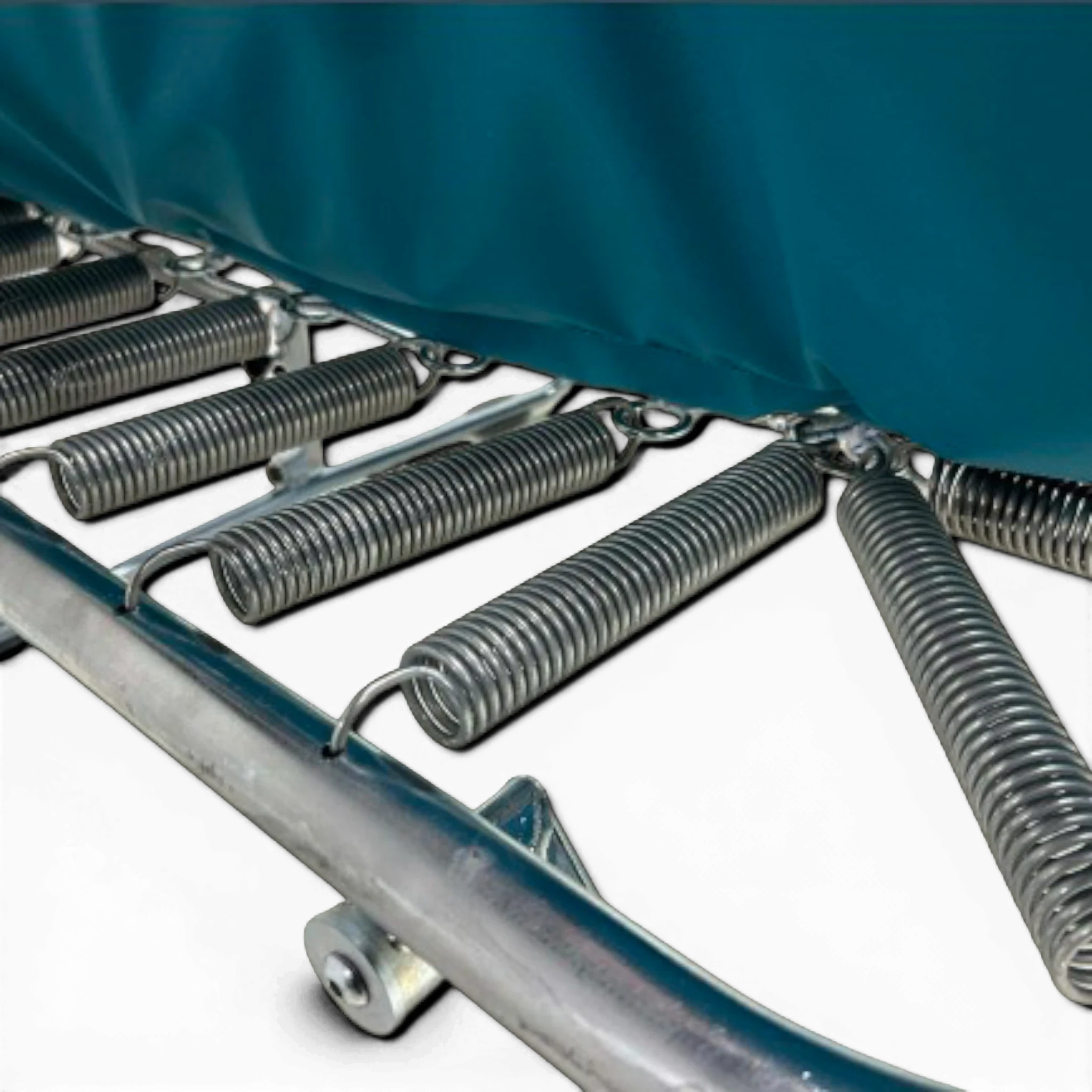 UK Gym Pits super mini tramp showing high tensile steel springs and teal protective frame padding