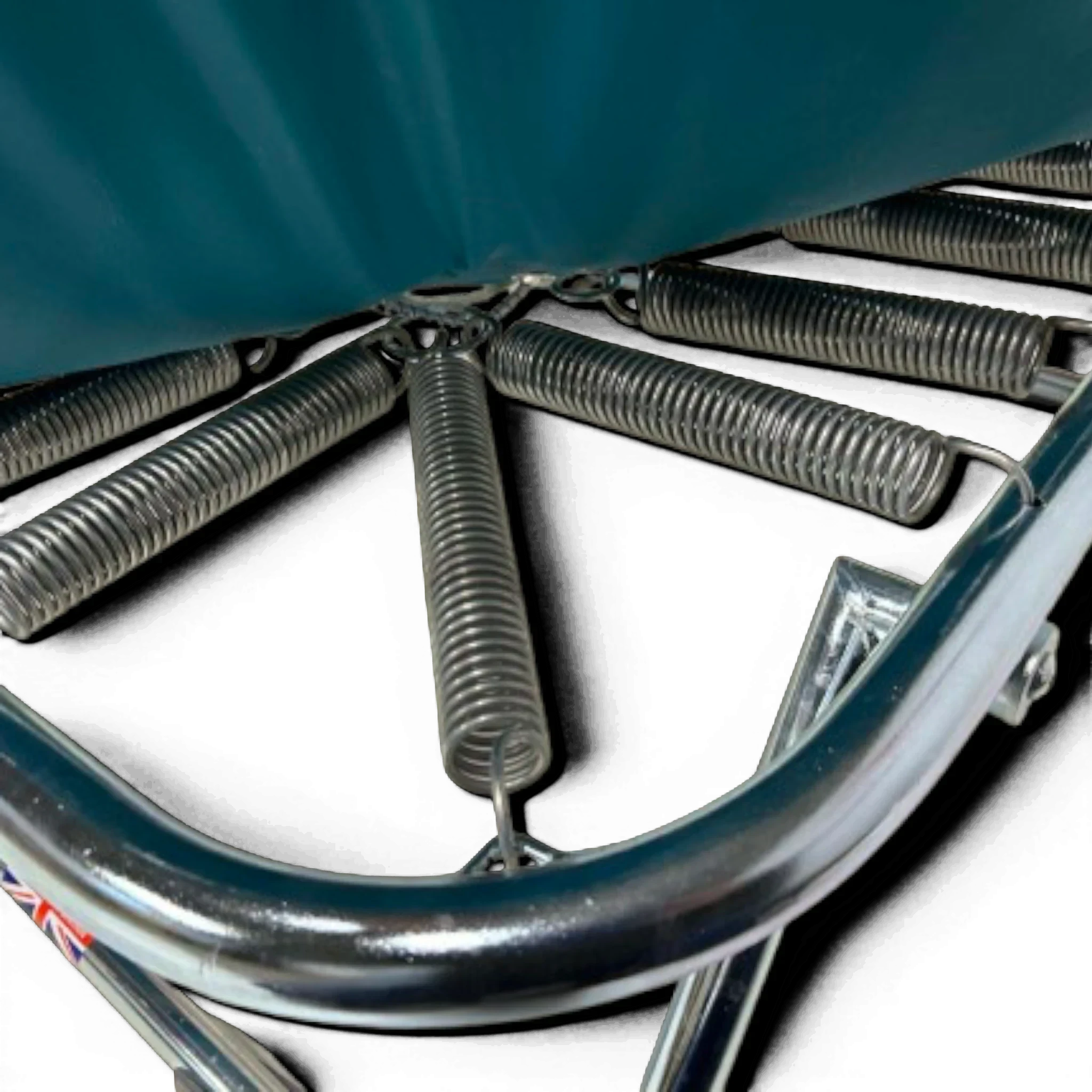 UK Gym Pits super mini tramp showing high tensile steel springs, zinc plated frame, and teal protective cover pad.