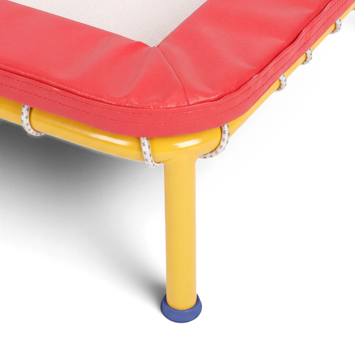 UK Gym Pits Activ Bounce mini trampette featuring a yellow steel frame, red foam padding, and white jumping bed.