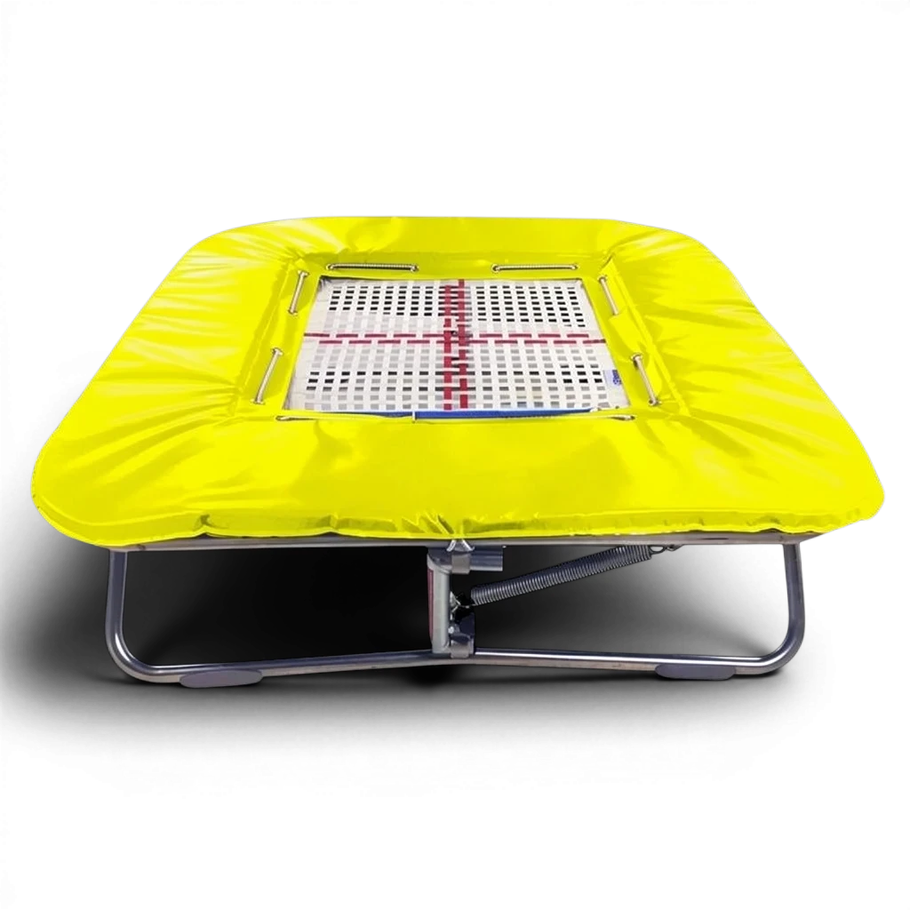 UK Gym Pits super mini trampoline with a white web bed and bright yellow protective frame pads on a black background