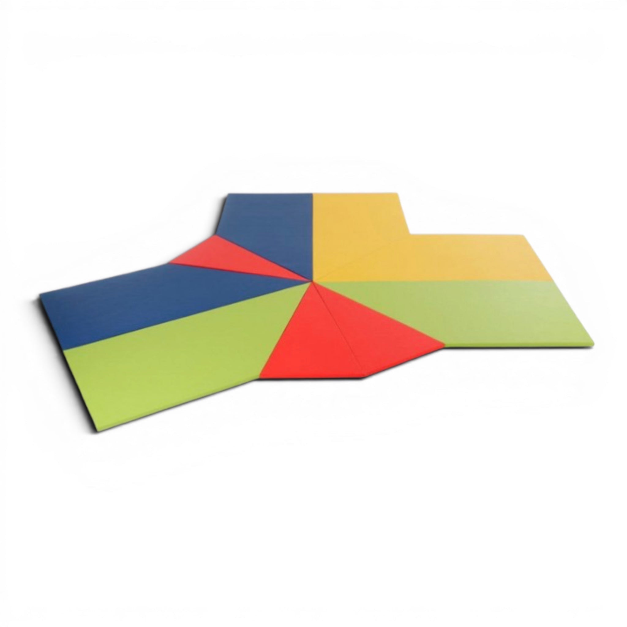 UK Gym Pits multi-coloured modular gym centre mat set in a T-shape configuration for gymnastics training.