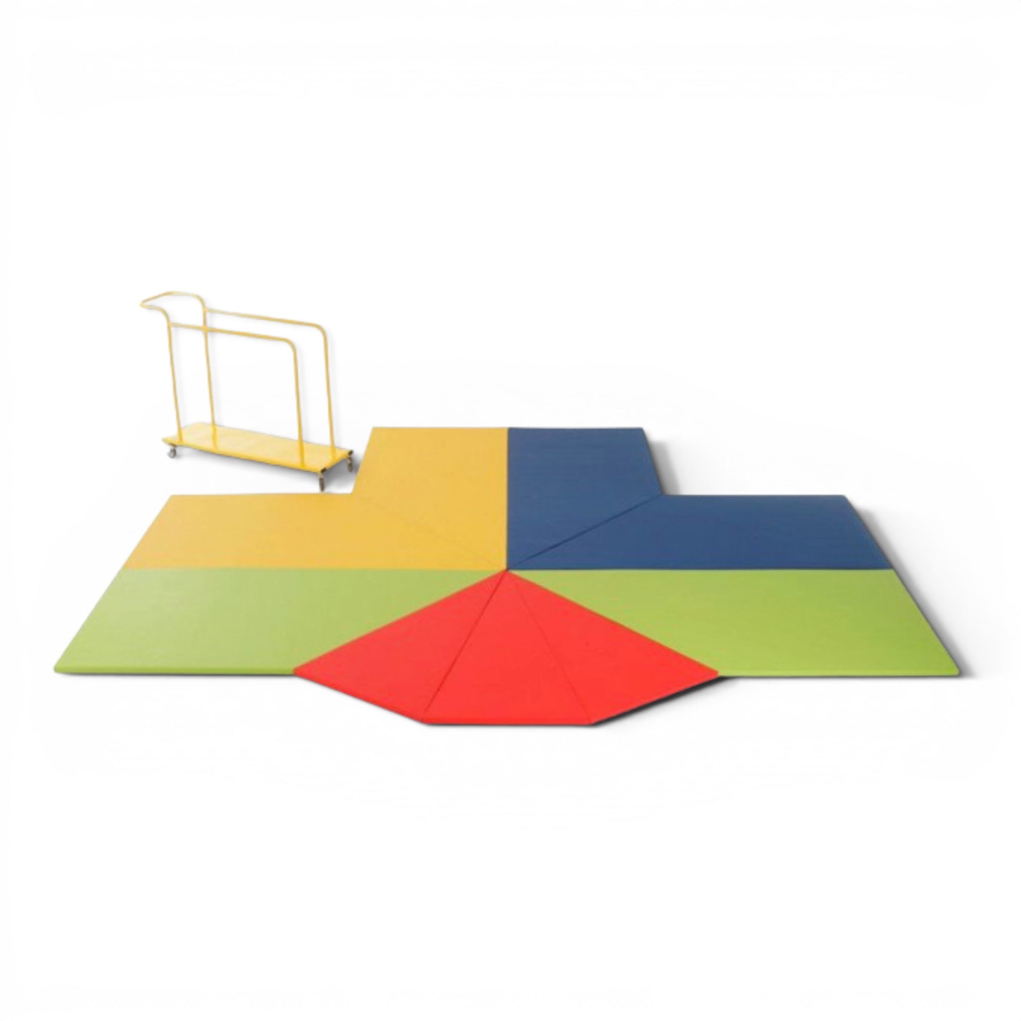 UK Gym Pits modular gym centre mat set in blue, yellow, green, and red with a yellow storage trolley on a black background