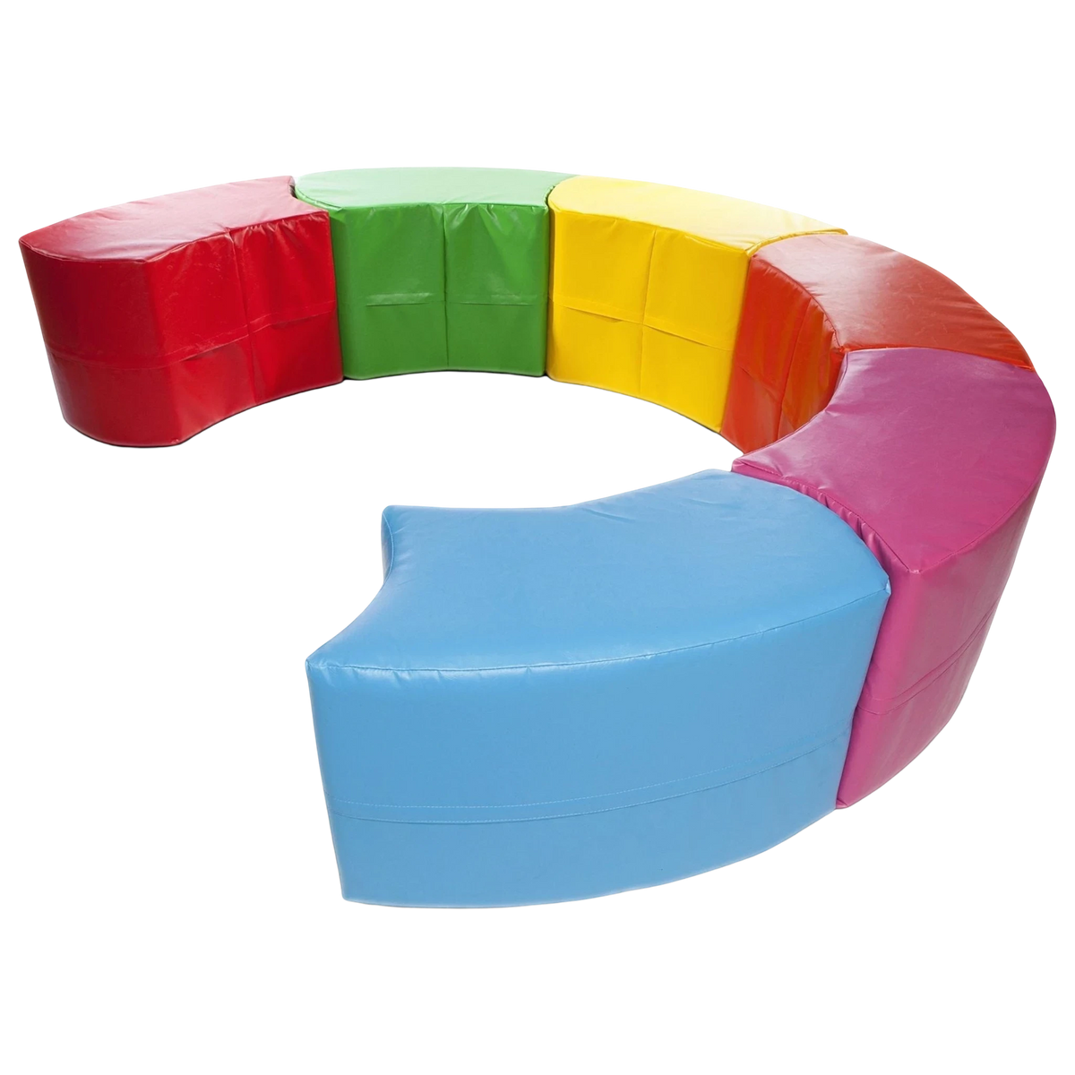 UK Gym Pits modular snake seating sections in vibrant multi-coloured PVC foam for children's soft play areas.
