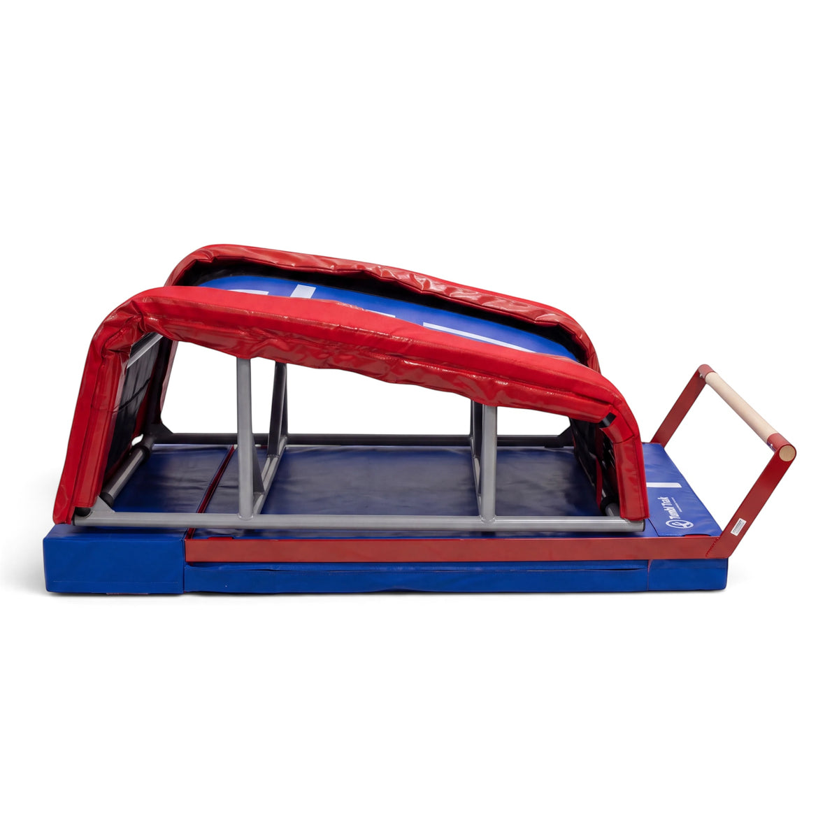 UK Gym Pits Mountain Bar Base Kit Extension Block in red and blue vinyl foam for T-Trainer trampoline training