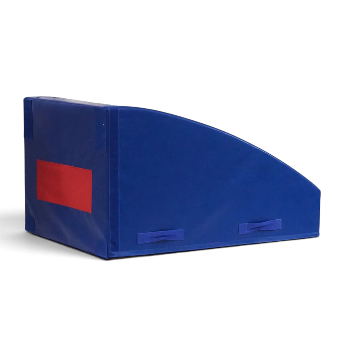 UK Gym Pits blue sloping mountain bar top mat for gymnastics training with red accent and side handles