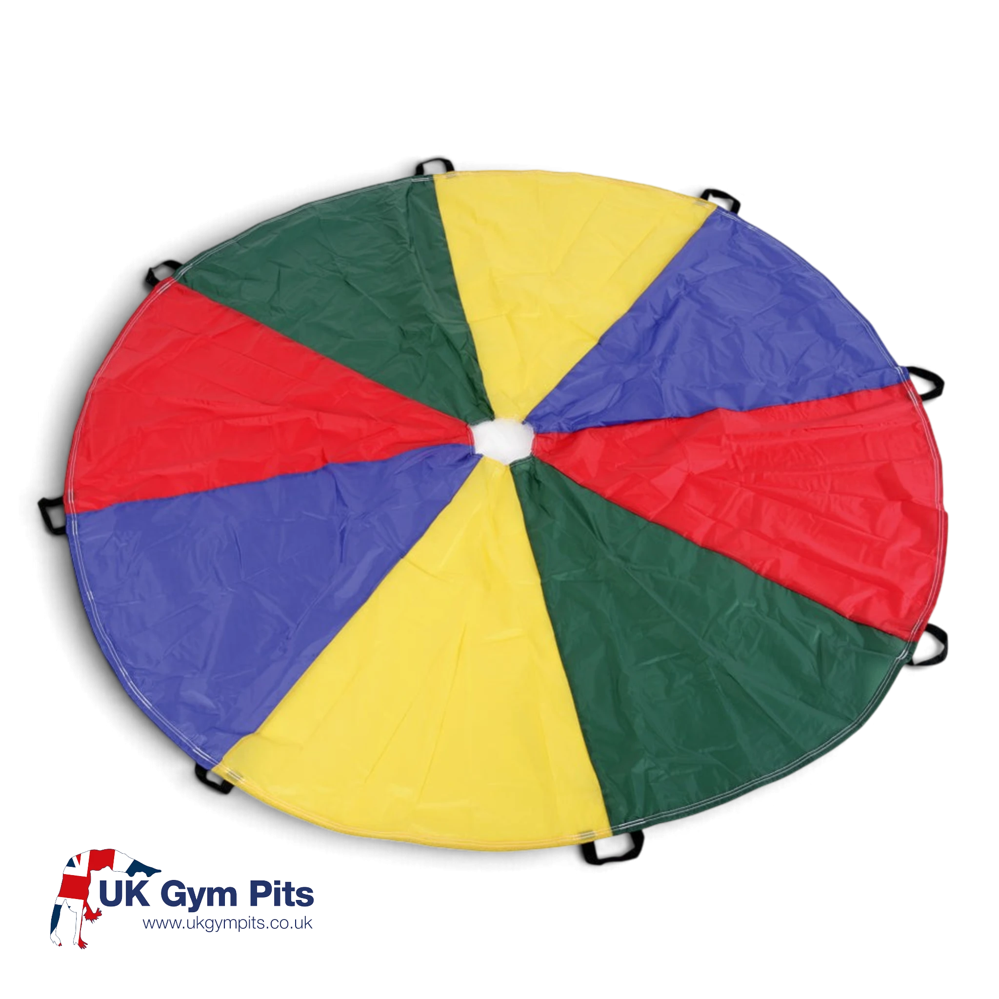 UK Gym Pits multi-coloured nylon play parachute for children's group activities with a central air hole