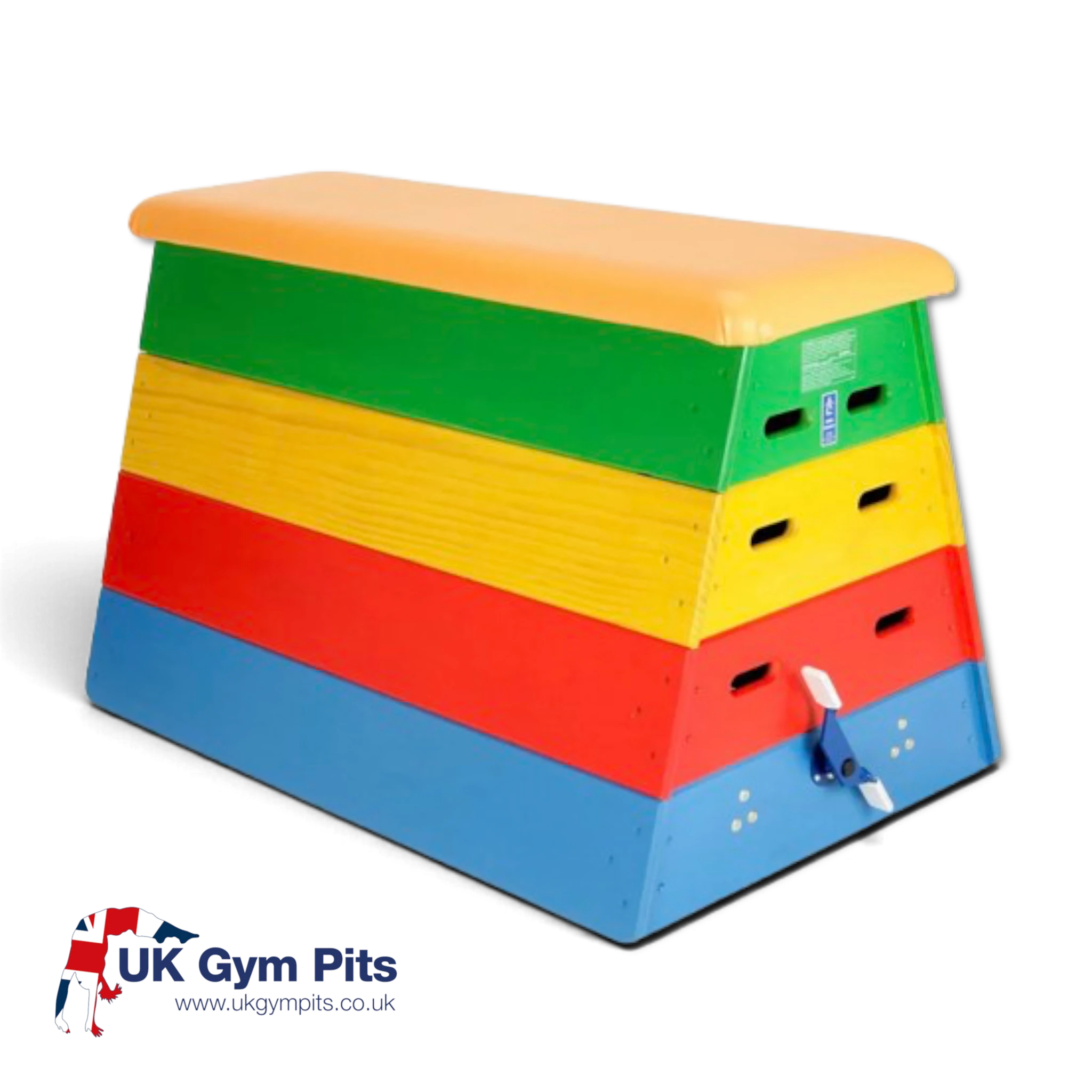 UK Gym Pits 4 tiered timber vault box with multi-coloured sections and a padded yellow top for gymnastics training