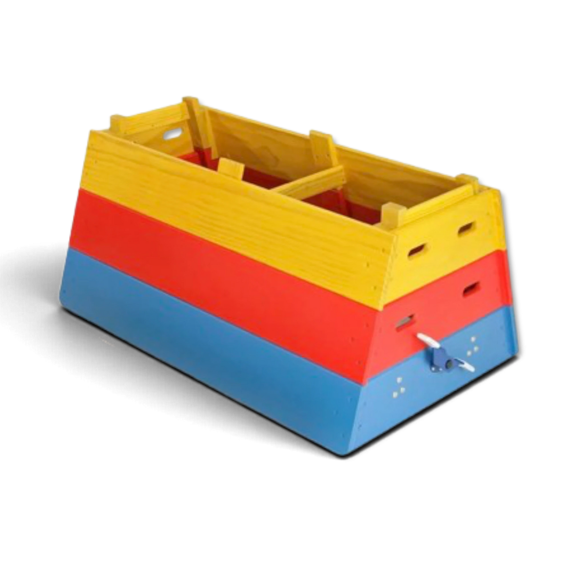 UK Gym Pits 4 tiered multi-coloured timber gymnastics vault box with handholds and wheels for school or club use