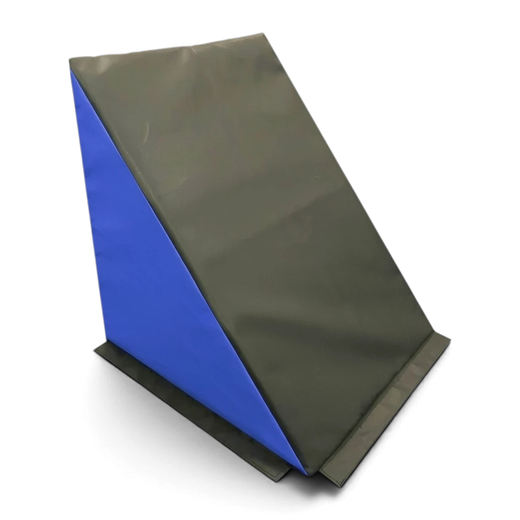 UK Gym Pits black and blue wedge-shaped foam ninja step for parkour and obstacle course training.