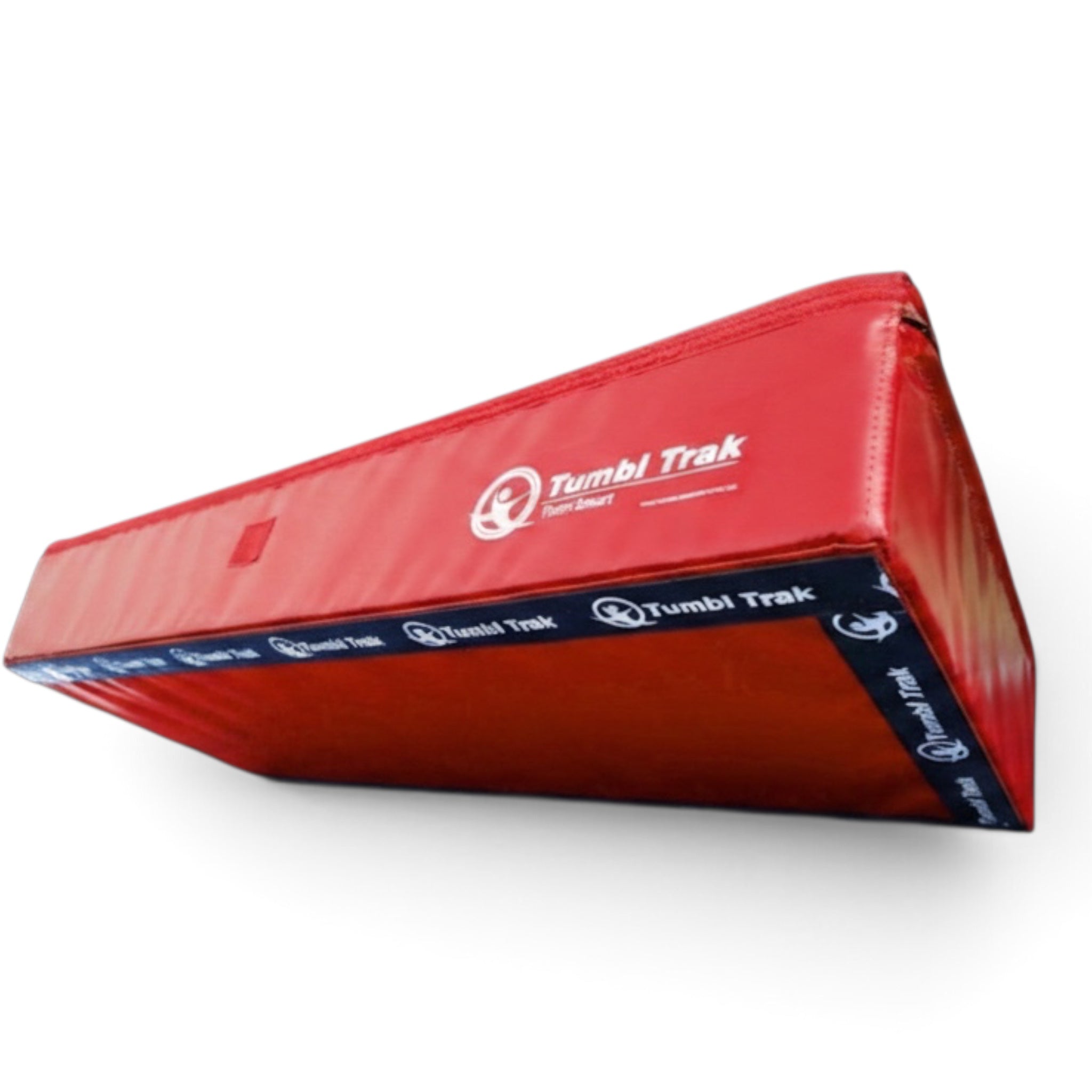 UK Gym Pits non-slip velcro strip applied to the edge of a red Tumbl Trak gym mat to prevent sliding on floors