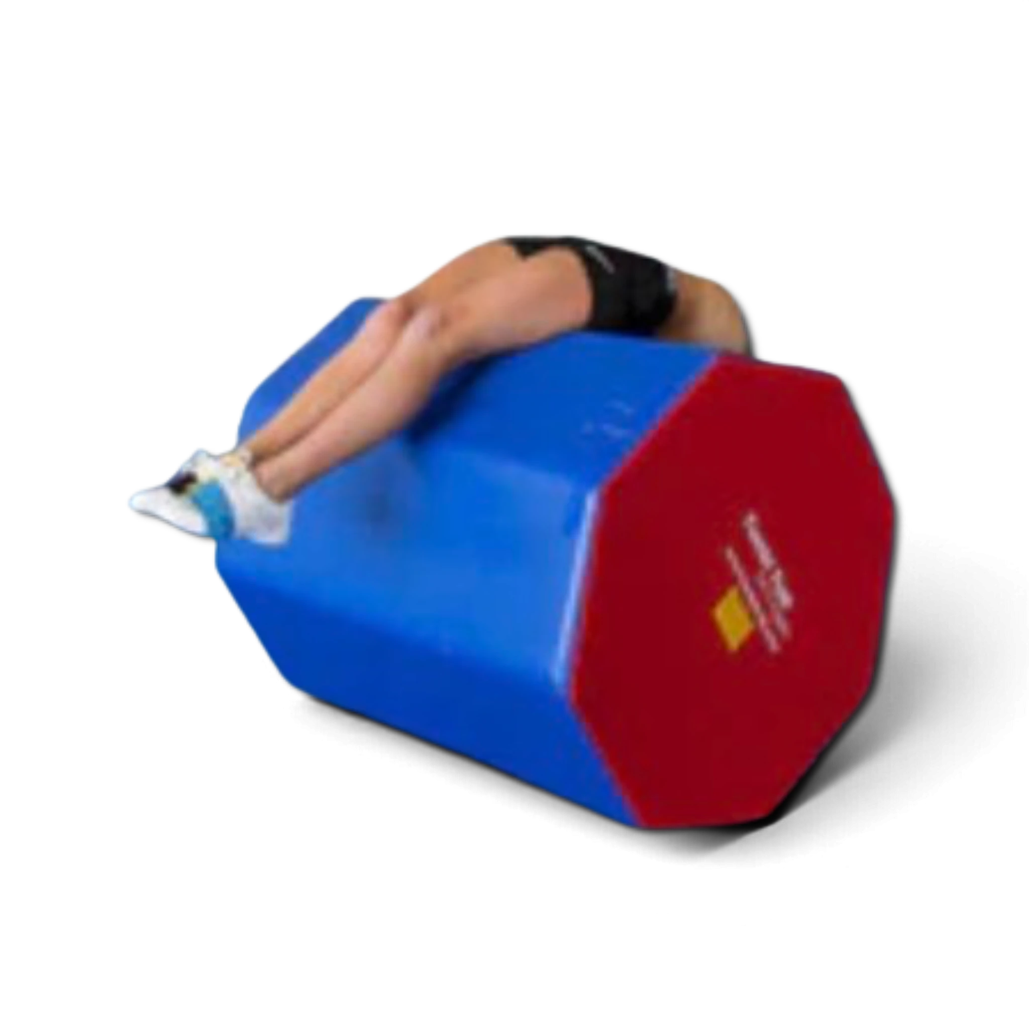 UK Gym Pits octagonal tumble trainer in blue and red vinyl used by a gymnast for back handspring practice