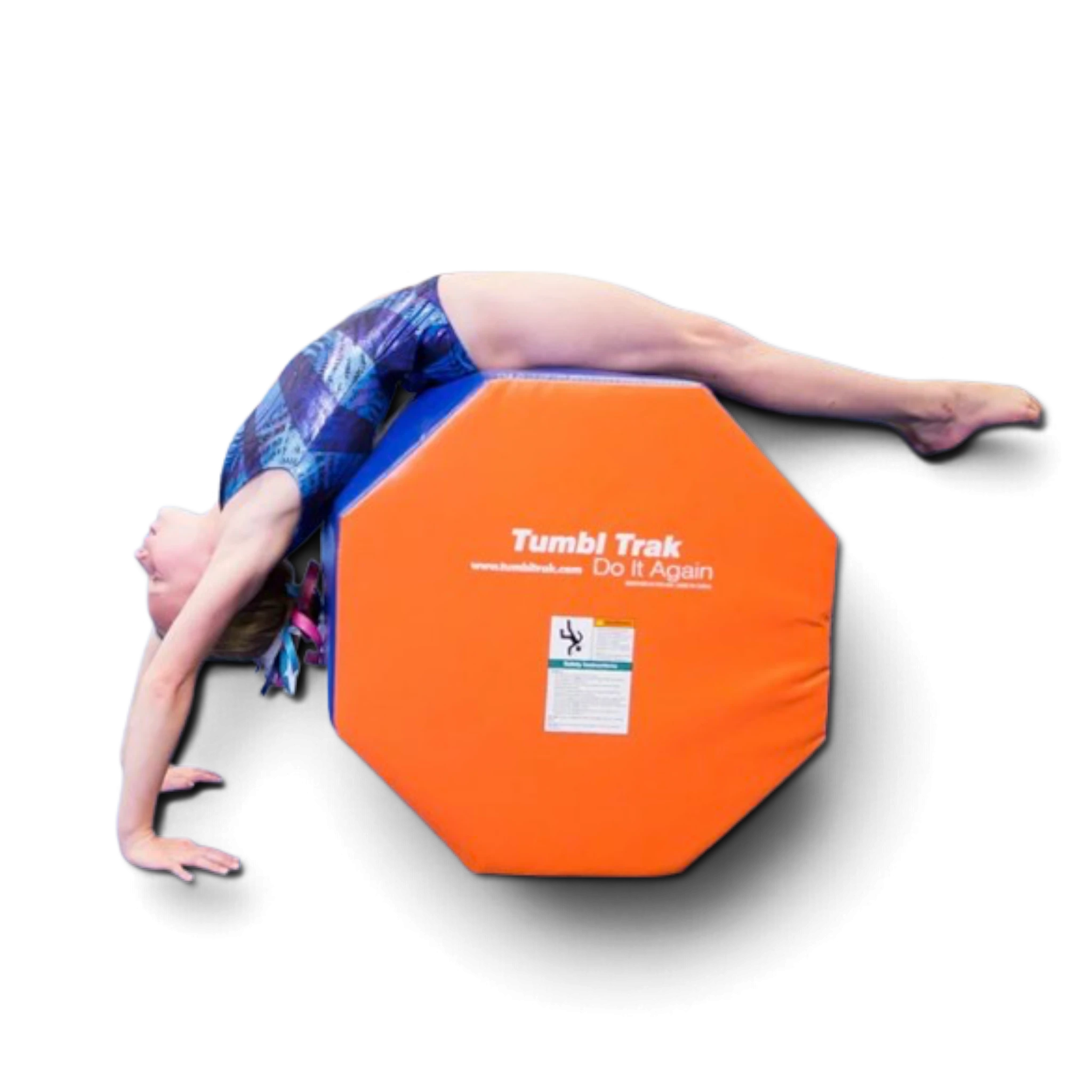 UK Gym Pits octagonal tumble trainer in orange used by a gymnast performing a back walkover skill