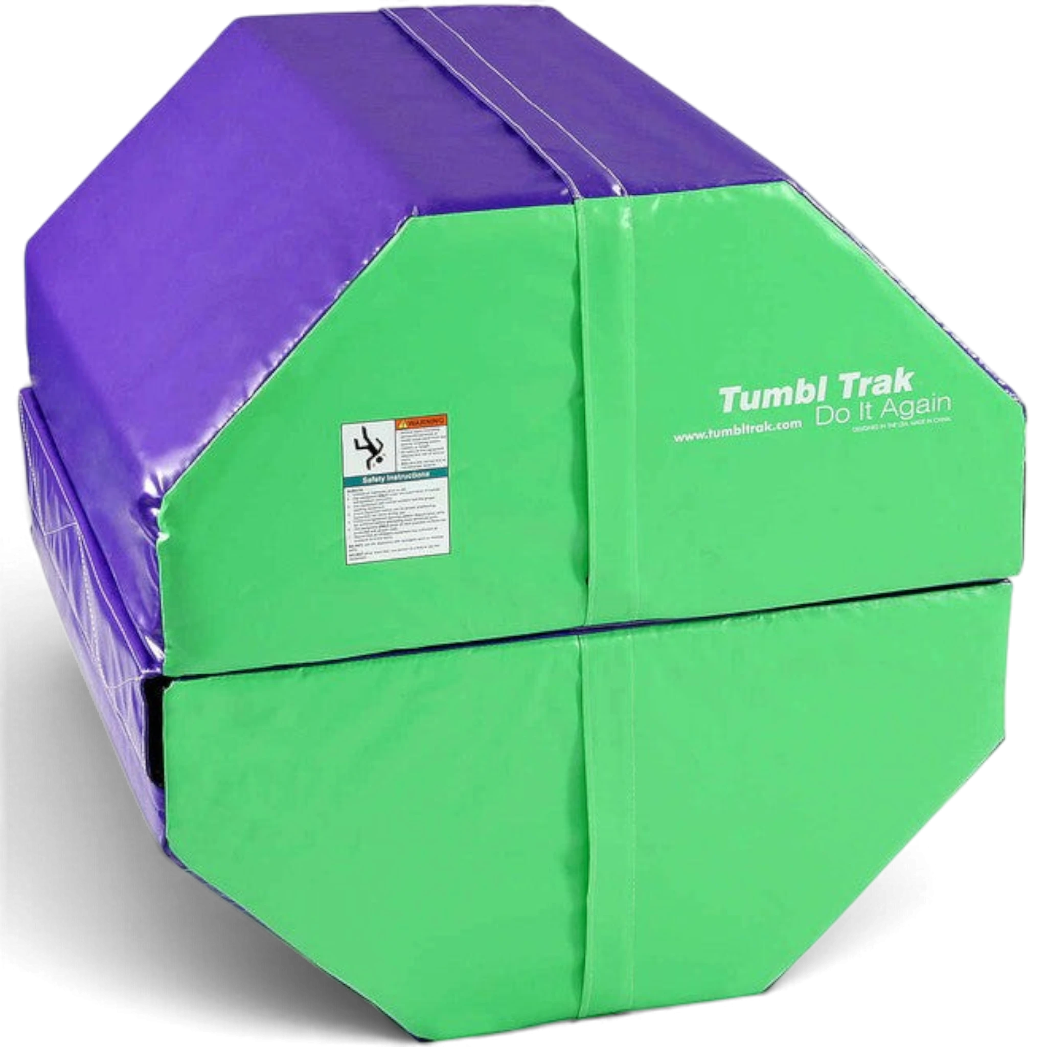 UK Gym Pits purple and green octagonal tumbling mat for gymnastics training with safety label and branding