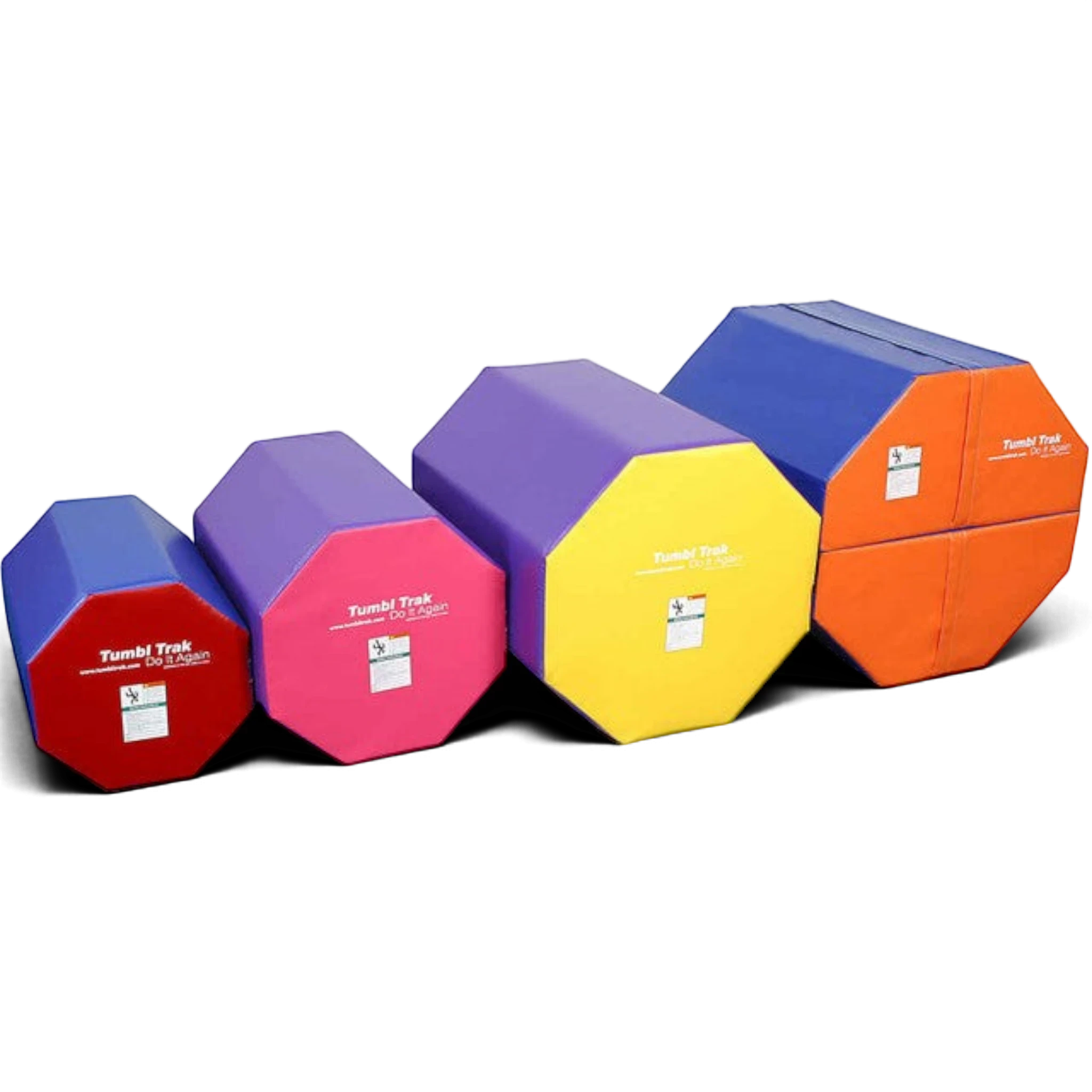UK Gym Pits octagonal tumbling mats in various sizes and bright colours for gymnastics training