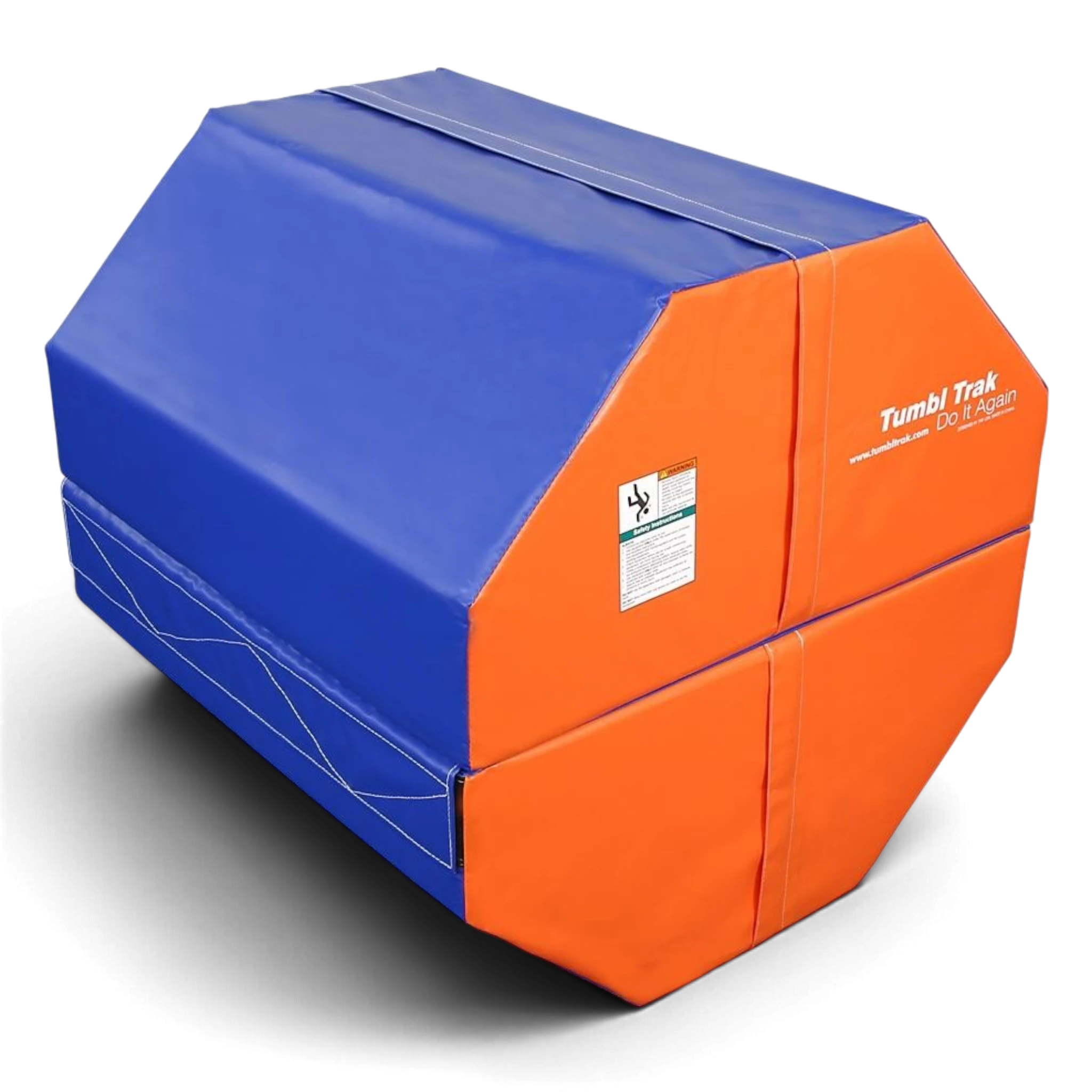 UK Gym Pits octagonal tumbling trainer in blue and orange vinyl for gymnastics training and skill development.