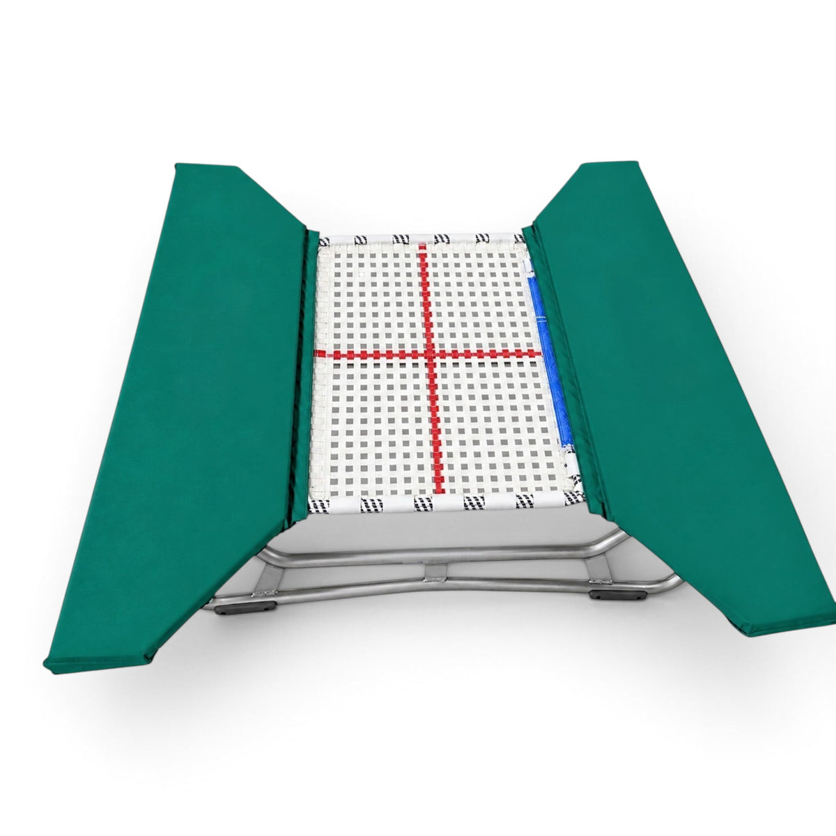 UK Gym Pits open ended mini trampoline with a white web bed and green protective frame pads on a zinc plated frame.