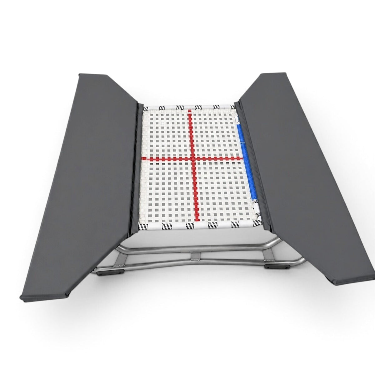 UK Gym Pits open ended mini trampoline with a white web bed, red cross marking, and grey protective frame pads.