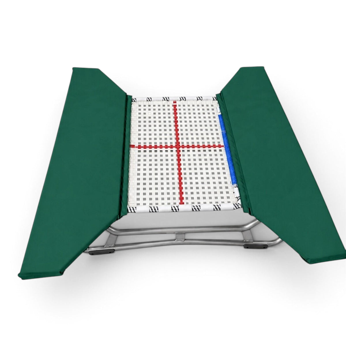 UK Gym Pits open ended mini tramp with green protective frame pads and a white web bed for gymnastics training