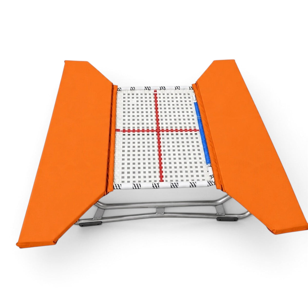 UK Gym Pits open ended mini trampoline with a white web bed and bright orange protective frame pads.