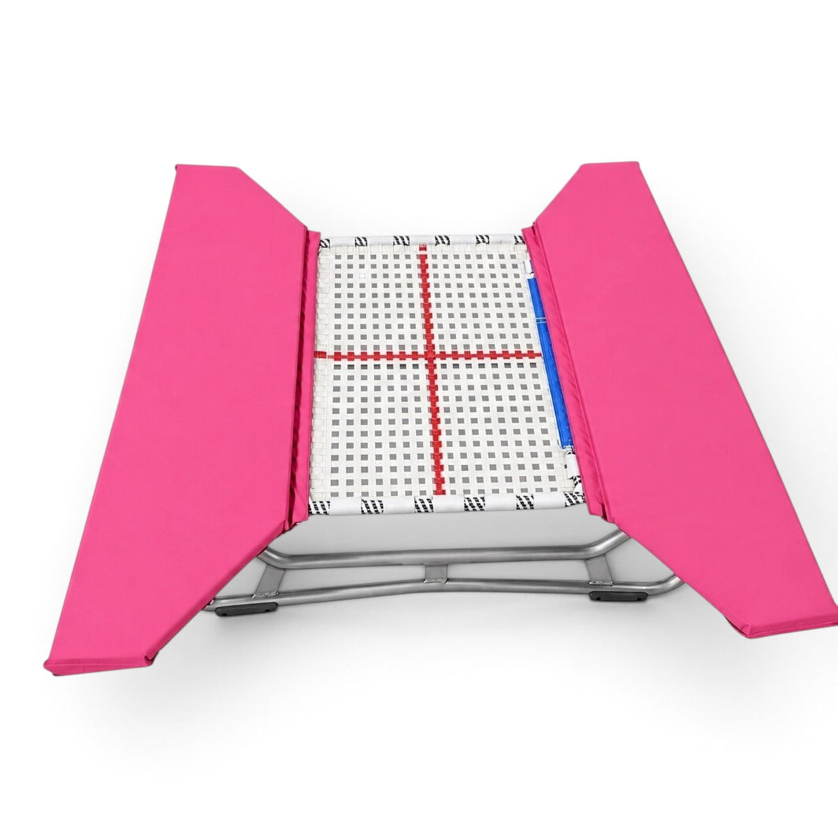 UK Gym Pits open ended mini trampoline with a white web bed and vibrant pink protective frame pads
