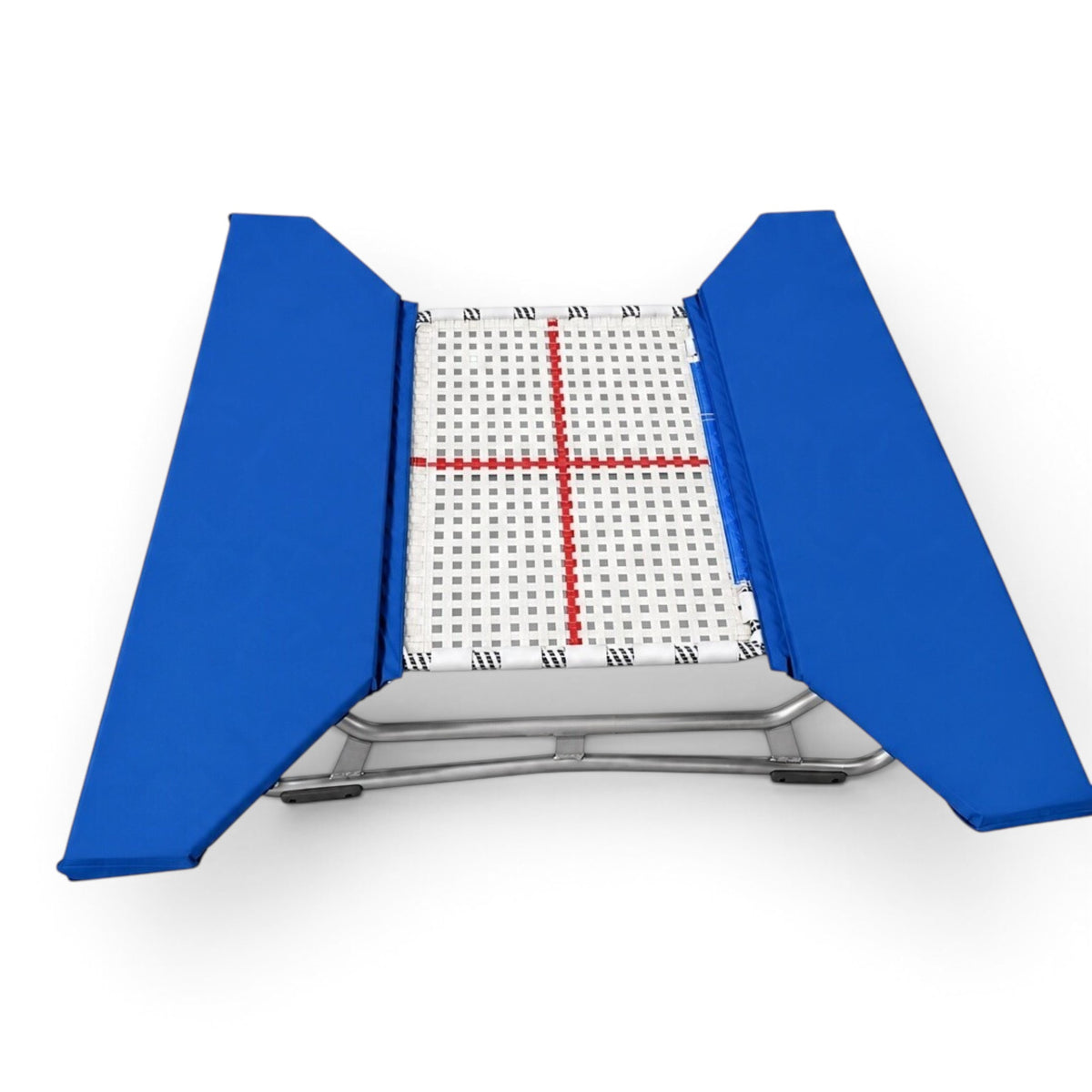 UK Gym Pits open ended mini trampoline with a white web bed, red cross marking, and blue protective frame pads.