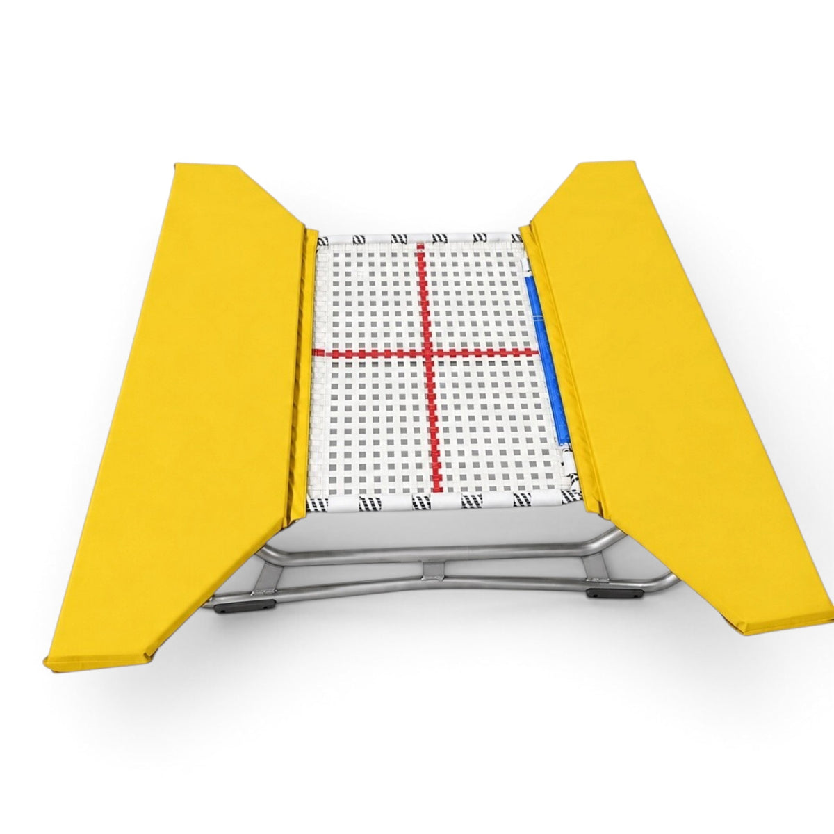 UK Gym Pits open ended mini trampoline with a white web bed and bright yellow protective frame pads