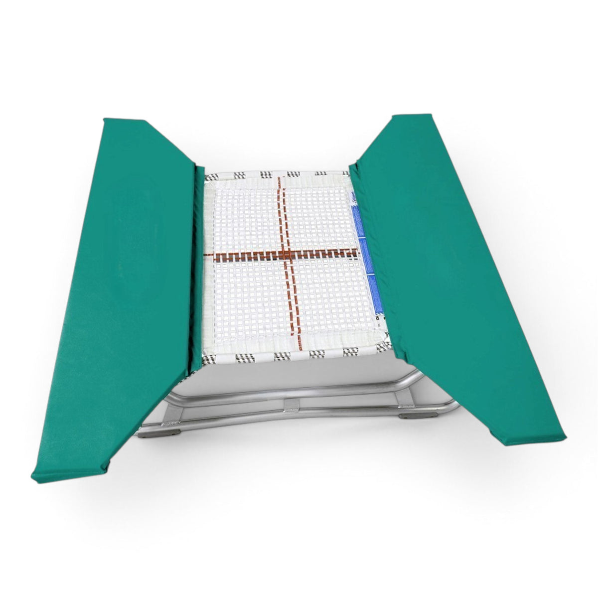 UK Gym Pits open ended mini trampoline with a white web bed and green protective frame pads on a zinc plated frame