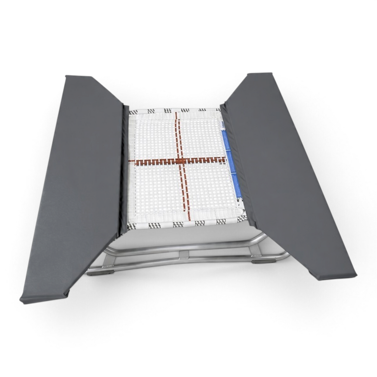 UK Gym Pits open ended mini trampoline with a white web bed and grey protective frame pads on a zinc plated frame