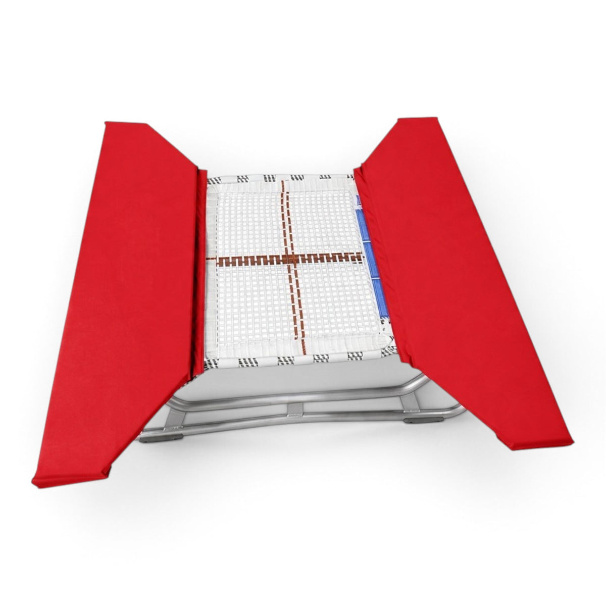 UK Gym Pits open ended mini trampoline with a white web bed and vibrant red protective frame pads